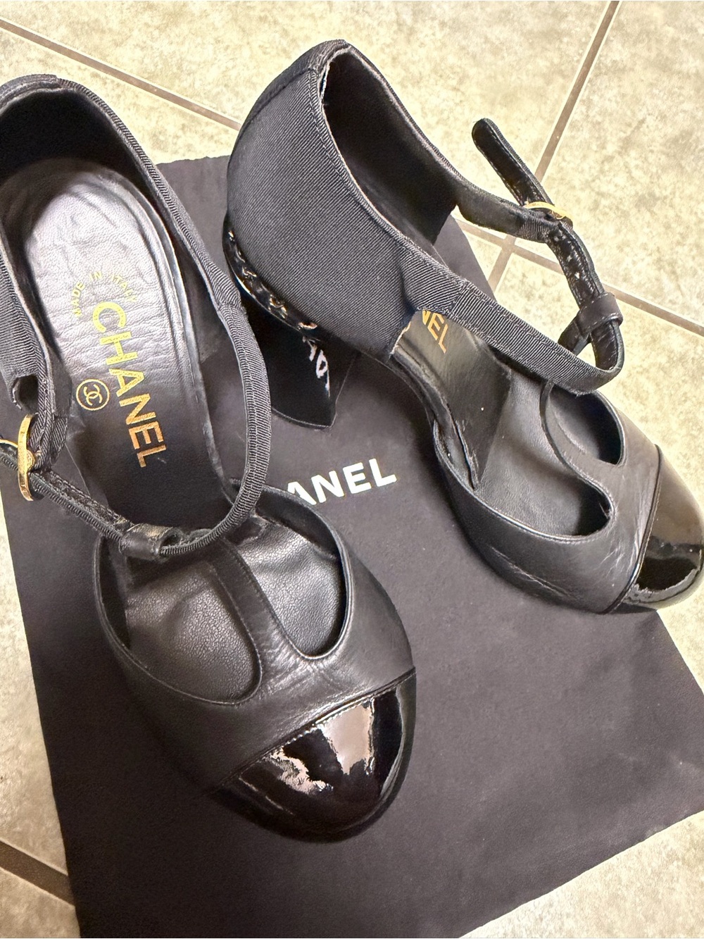 CHANEL Black Leather and Patent T-Strap Peep-Toe Heels